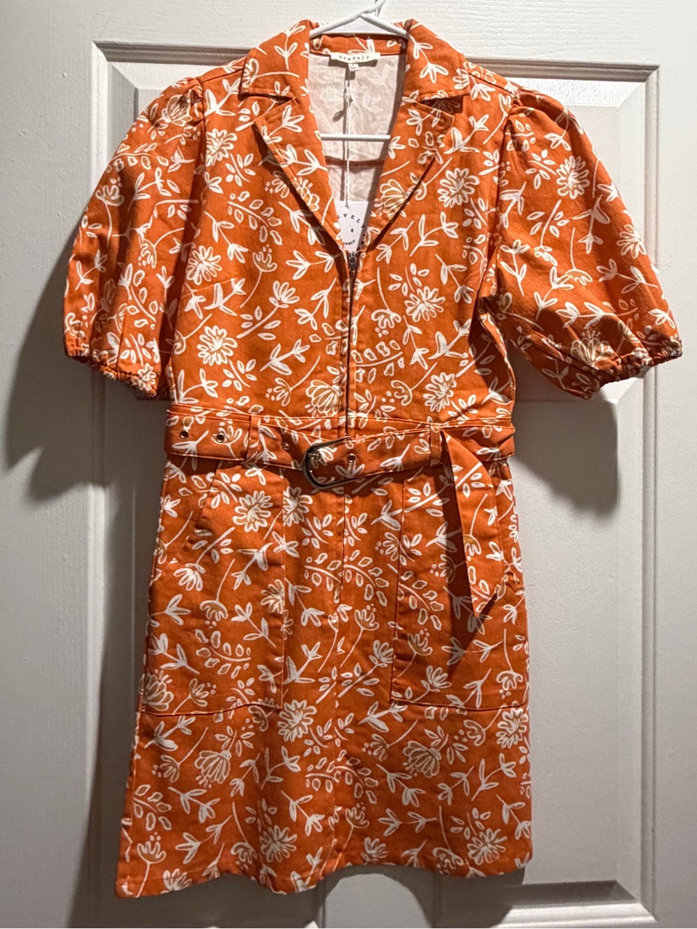 Baevely Orange Floral Belted Short Sleeve Dress